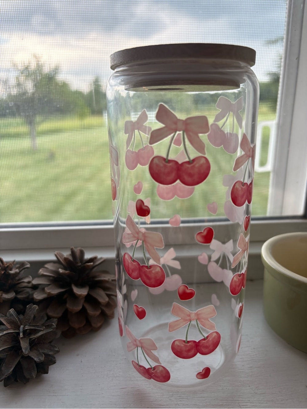 Clear Glass Cherry Cup with Pink Bows